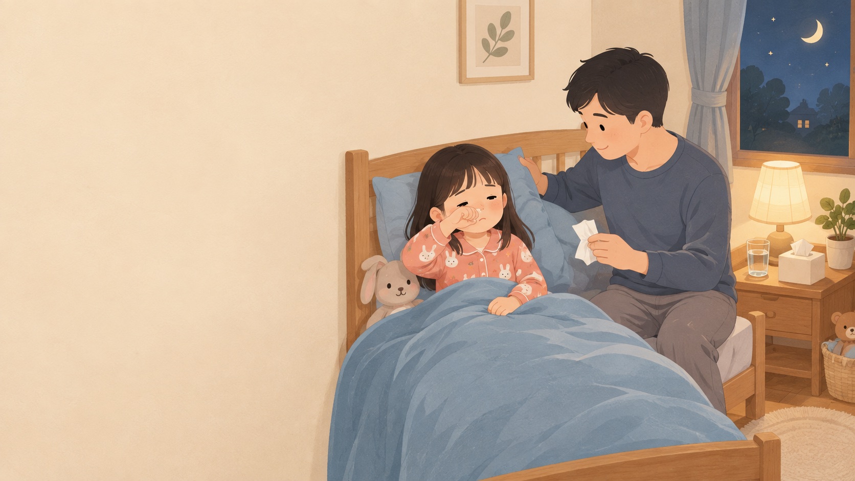 爸爸拿著面紙安撫鼻塞揉鼻子的女孩：小孩鼻塞睡不好，過敏性鼻炎與睡眠呼吸中止
