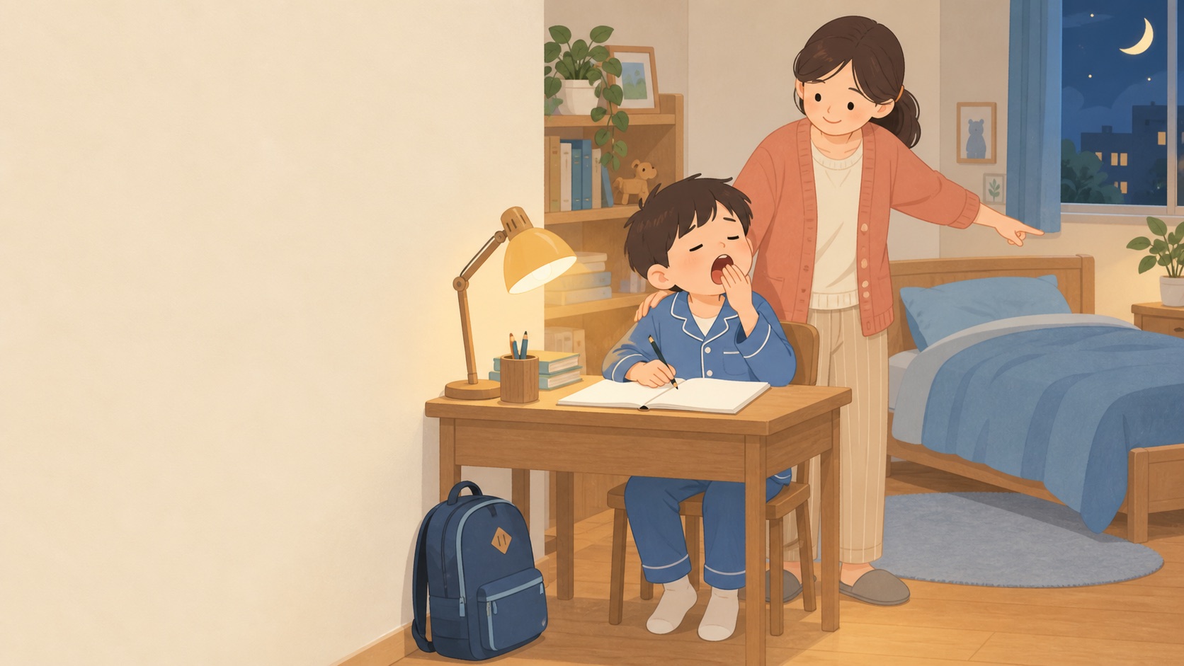 小學生深夜寫功課打呵欠，媽媽指向床鋪：小孩晚睡與睡眠不足