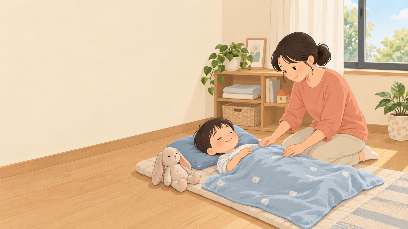 孩子在午睡墊上睡著，媽媽跪坐在旁輕輕蓋上薄毯：小孩午睡時間與幾歲不用午睡
