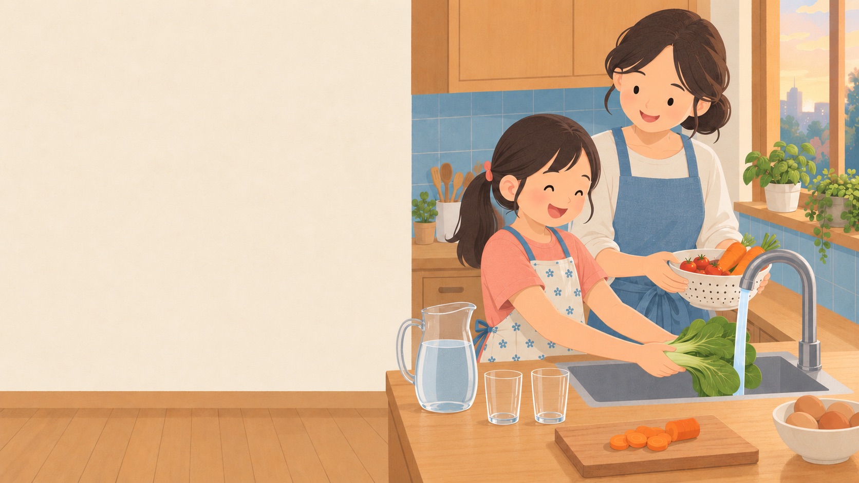 媽媽和女兒在廚房一起洗菜，旁邊一壺白開水：小孩太胖怎麼辦，全家一起改習慣