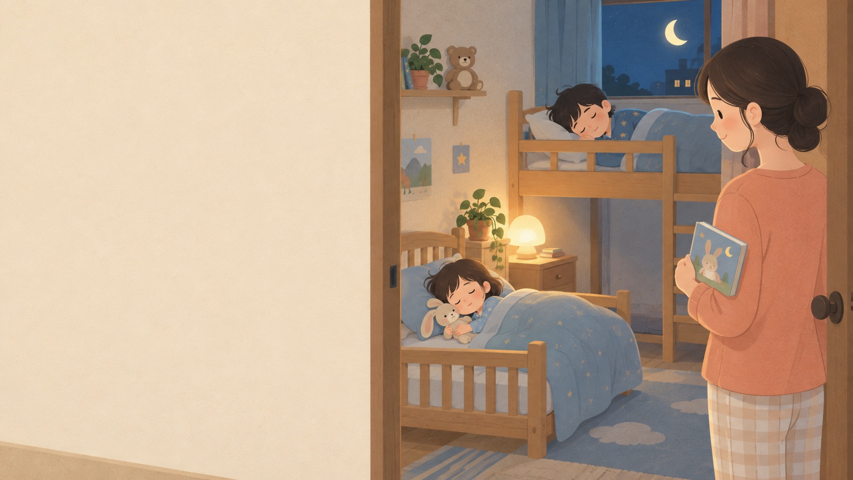 媽媽站在房門口看著熟睡的幼兒與學齡孩子：0–18 歲兒童睡眠完整指南