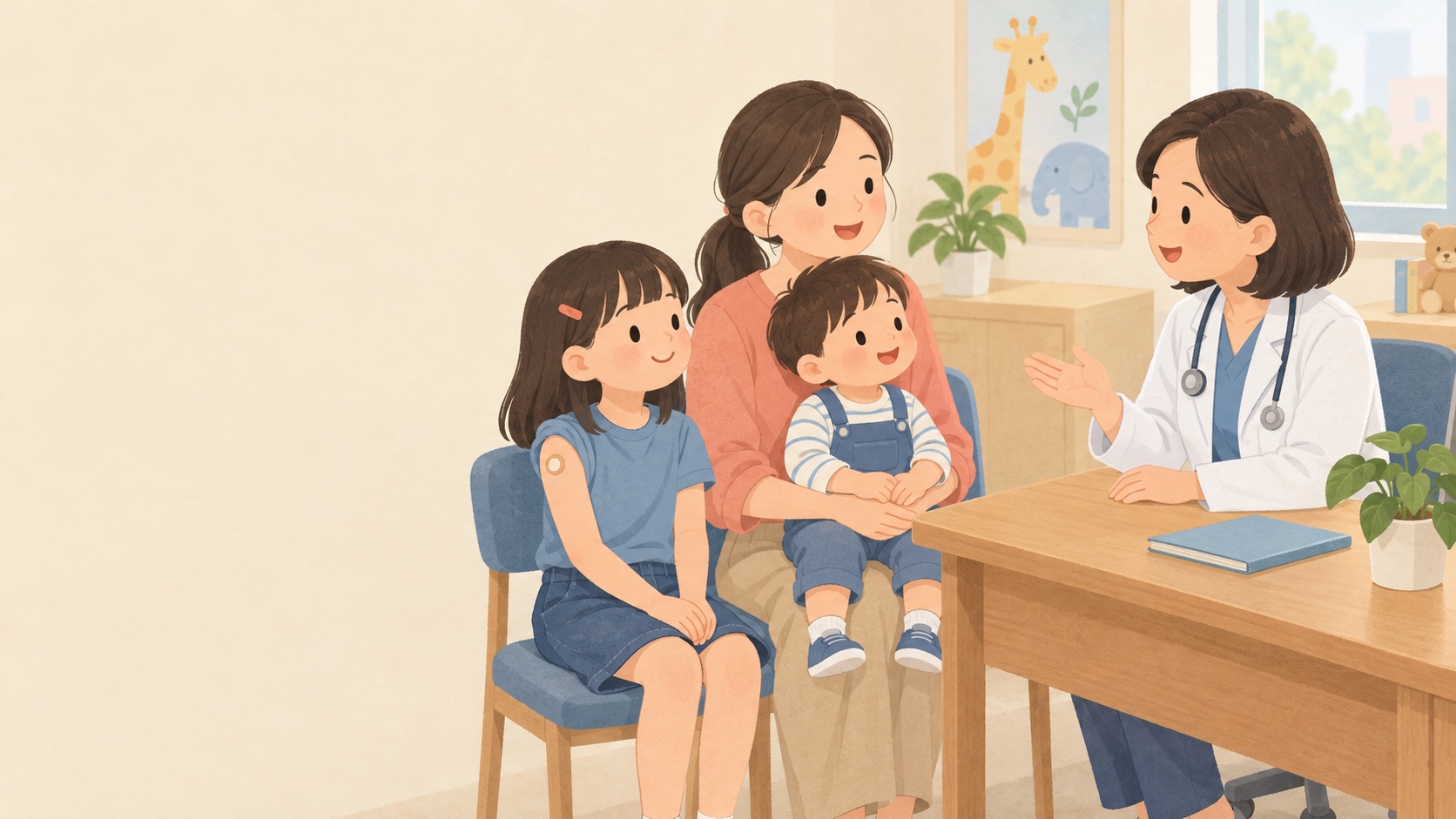 兒童疫苗接種指南插畫：家長帶兩名孩子與兒科醫師討論接種，較大的孩子手臂貼著小圓貼布