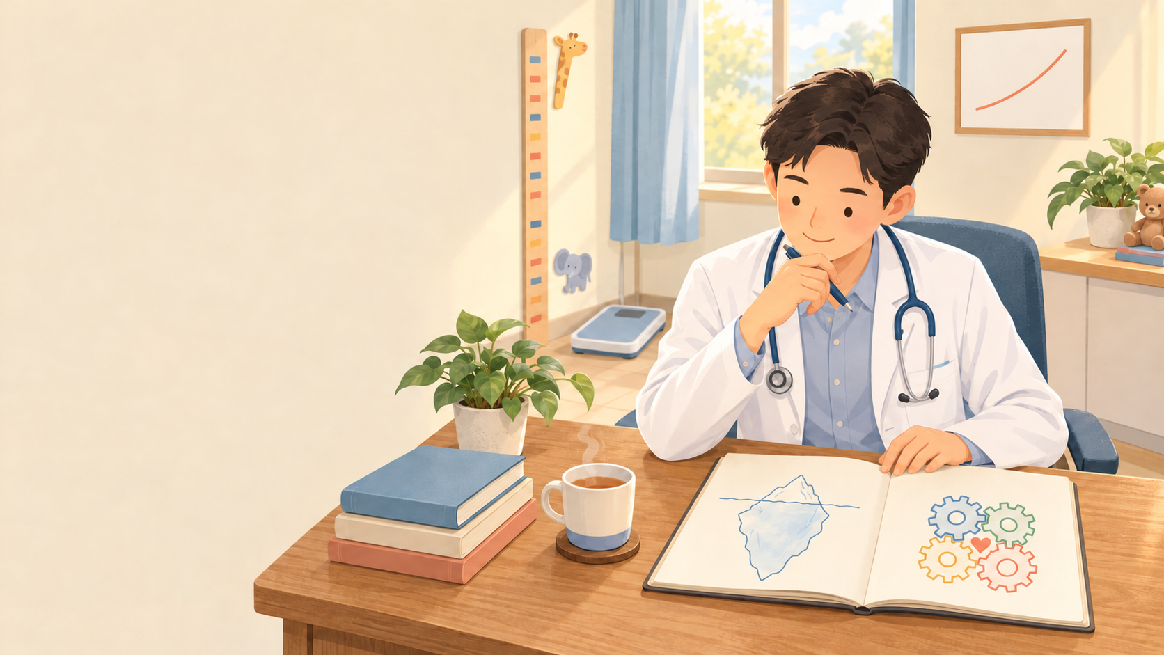 兒科醫師上完功能醫學課程後，在診間翻看畫著冰山與齒輪的筆記本