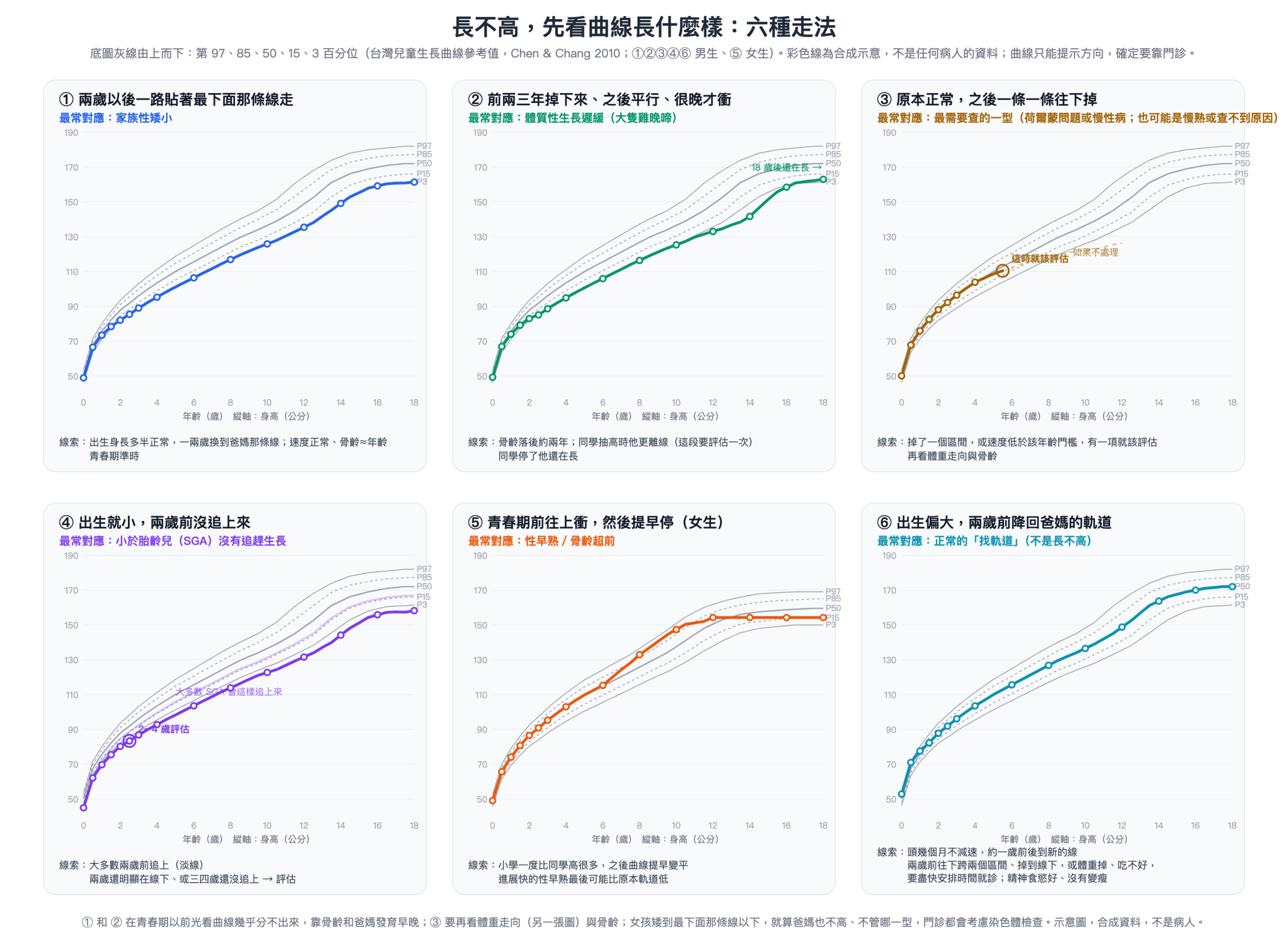 六種曲線走法示意圖：合成資料，不是病人