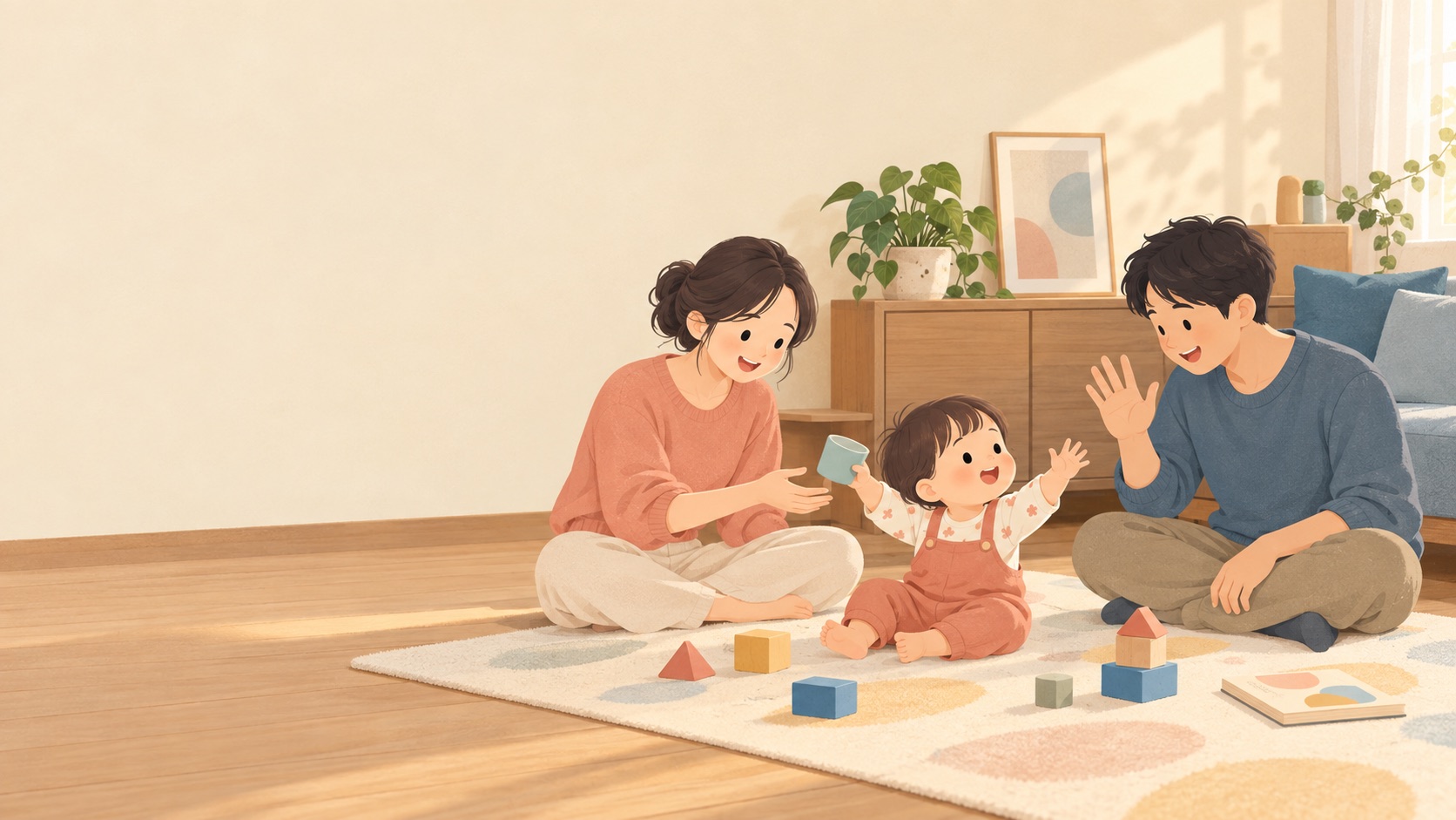 一歲多的孩子坐在客廳地墊上玩積木，媽媽遞積木給她，孩子轉身朝爸爸舉起雙手，爸爸笑著揮手回應：孩子從手勢走到句子的語言發展里程碑