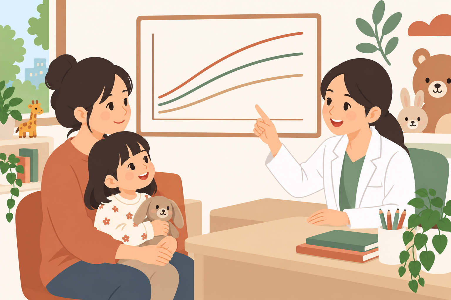 兒科診間裡醫師指著牆上的抽象生長曲線圖，向媽媽與小女孩溫和解說（插畫）