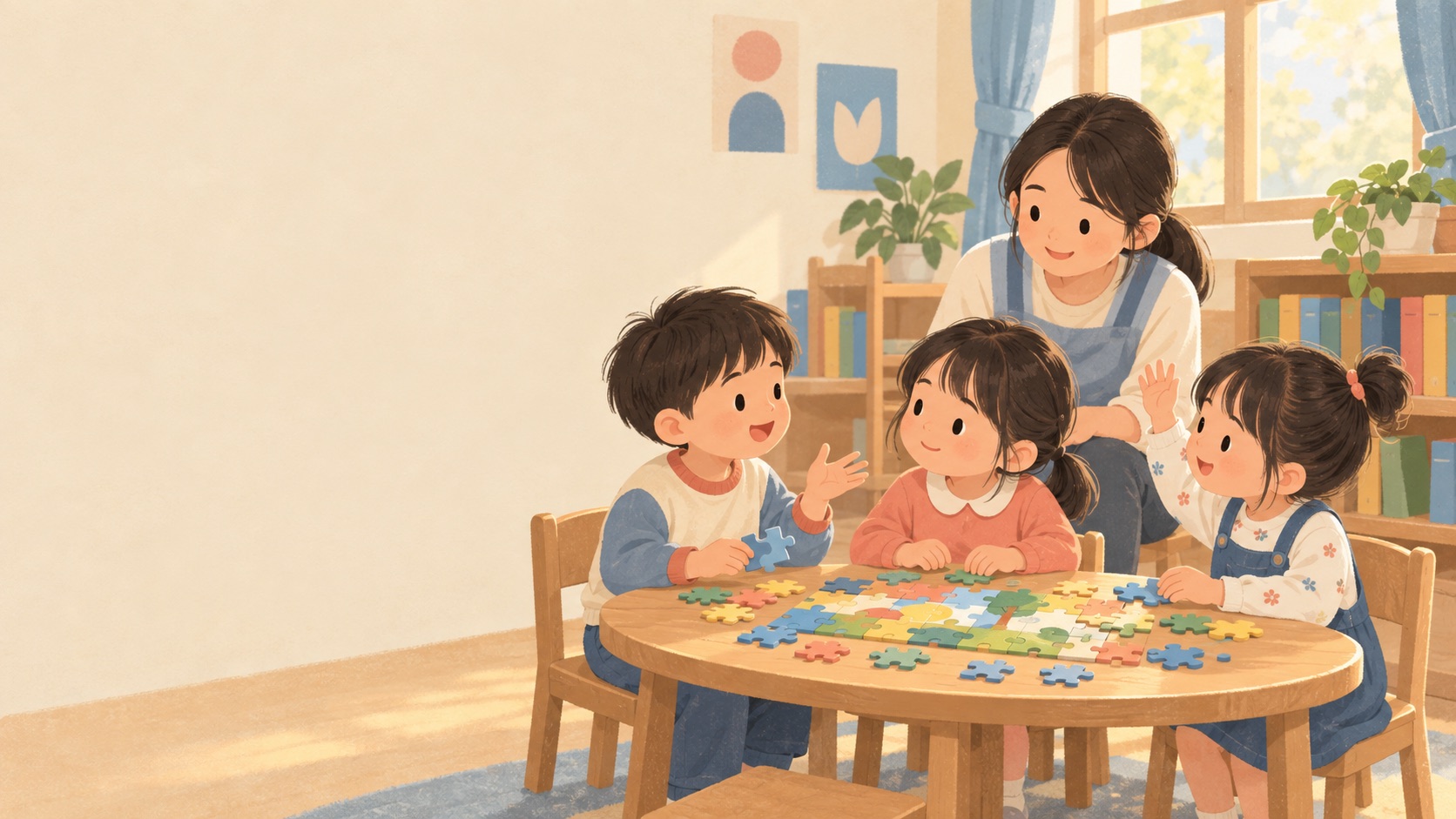 幼兒園教室裡，三個孩子圍著圓桌一起拼拼圖，一個男孩邊說邊比手勢，老師在後面笑著看：語言能力如何影響入學與同儕互動