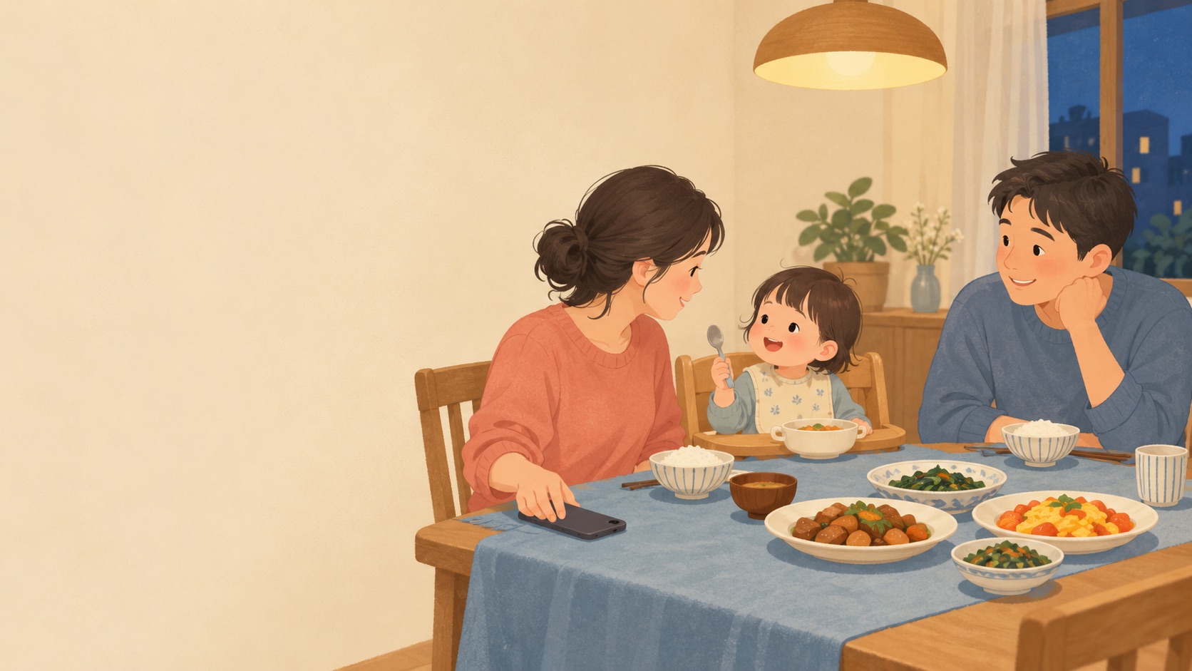 晚餐時孩子拿著湯匙開心地說話，媽媽把手機蓋在餐桌上、轉頭看著孩子回應，爸爸在對面微笑：影響孩子語言的可能是大人的手機