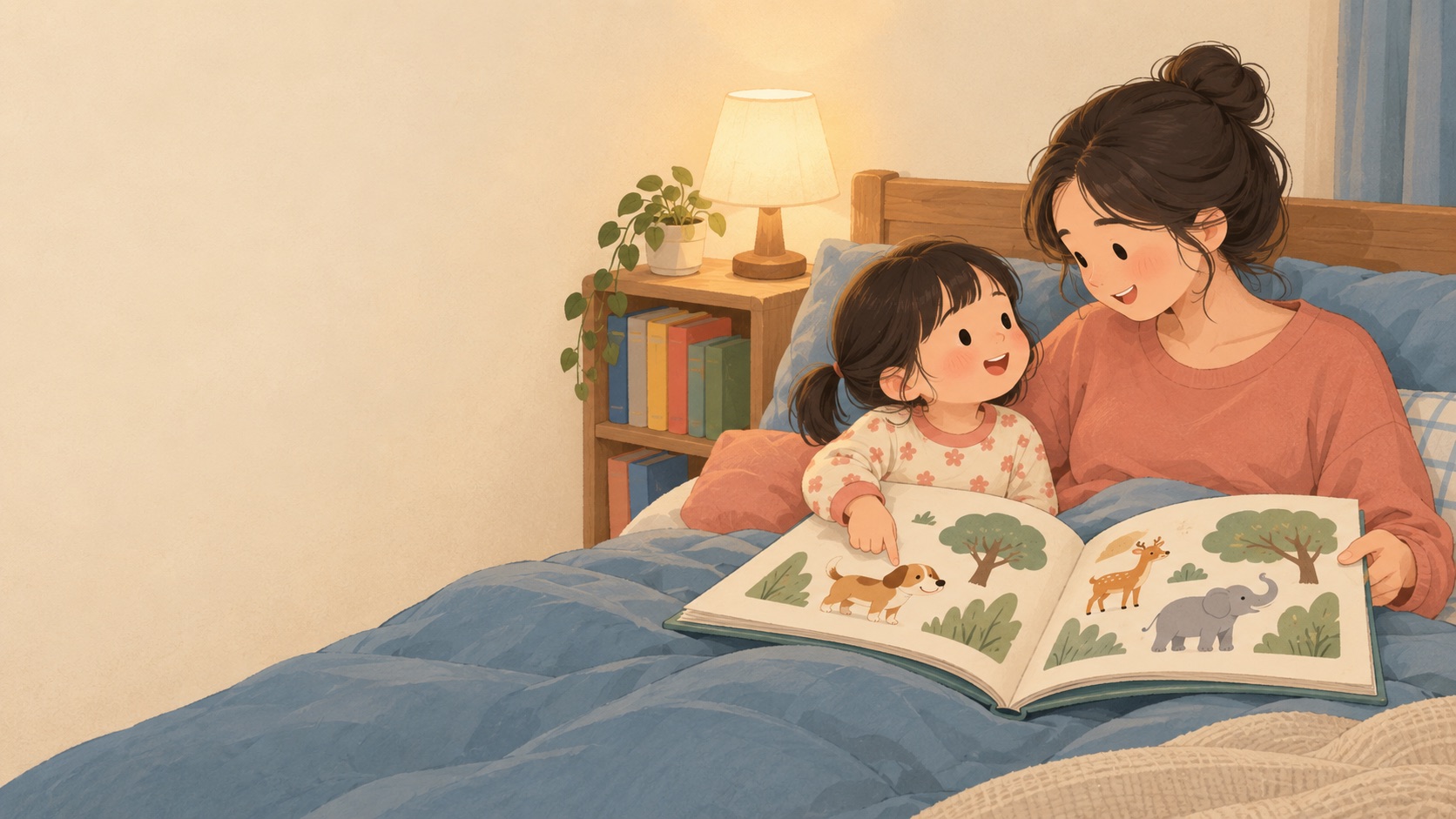 傍晚的臥室裡，媽媽和約三歲的女兒靠在床頭一起看動物繪本，女兒指著圖裡的小狗，媽媽笑著看她：親子共讀不是把書念完，重點在「共」