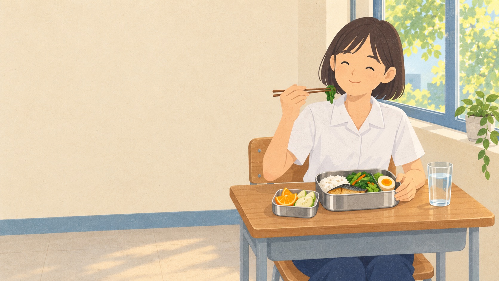 女學生在教室開心吃均衡便當配白開水：學生減肥怎麼吃，三餐照吃不餓肚子