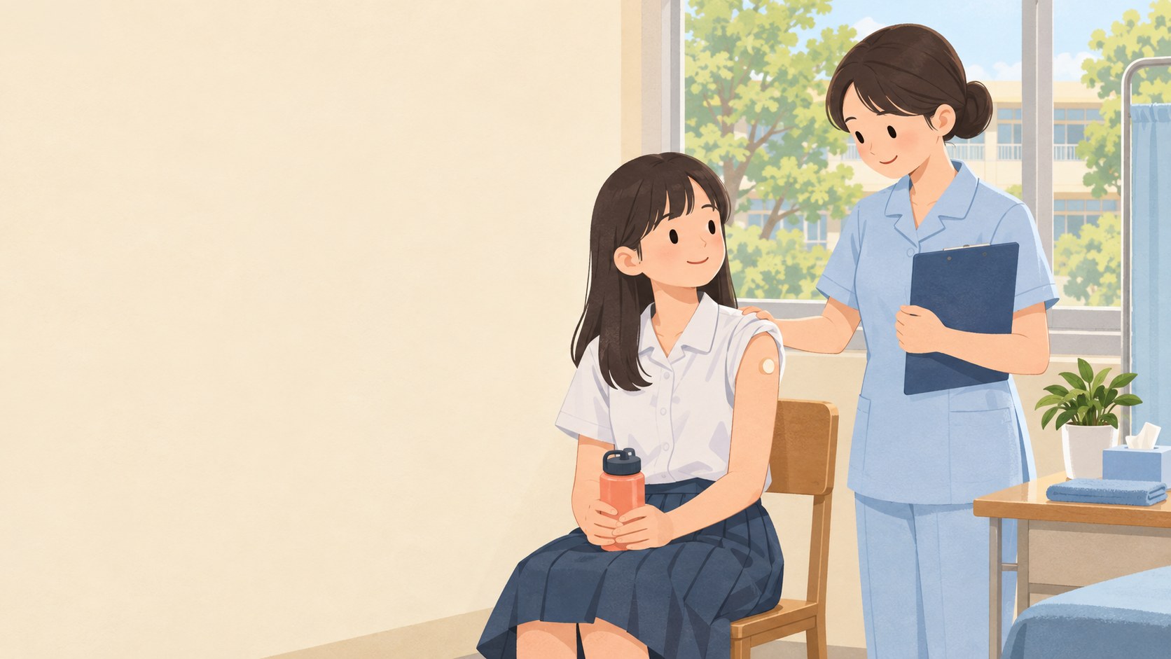 國中生在學校保健室打完流感疫苗，上臂貼著小圓 OK 繃，護理師在旁陪伴