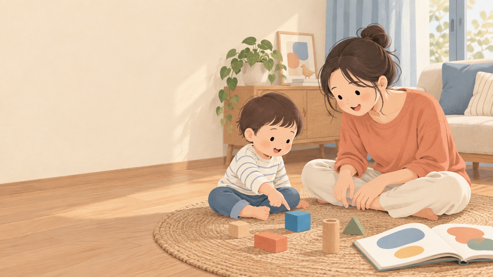 媽媽和兩歲幼兒面對面坐在客廳地毯上，孩子指著藍色積木、媽媽張口回應：三千萬字差距是真的嗎？語言輸入重點是一來一往